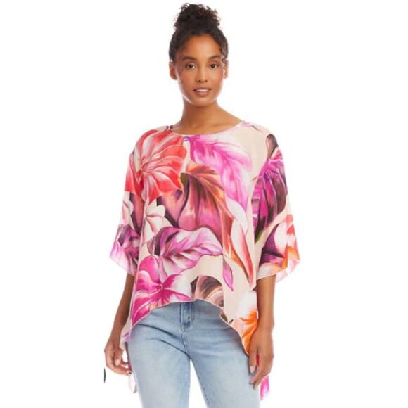 KAREN KANE TOP WOMENS SIZE LARGE TROPICAL PRINT FLARE HEM BLOUSE PINK NEW - Picture 1 of 13